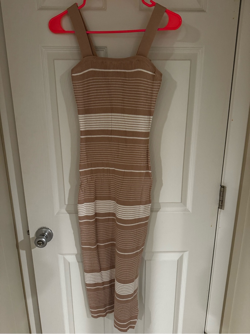 Striped Knit Midi Dress in Tan and White